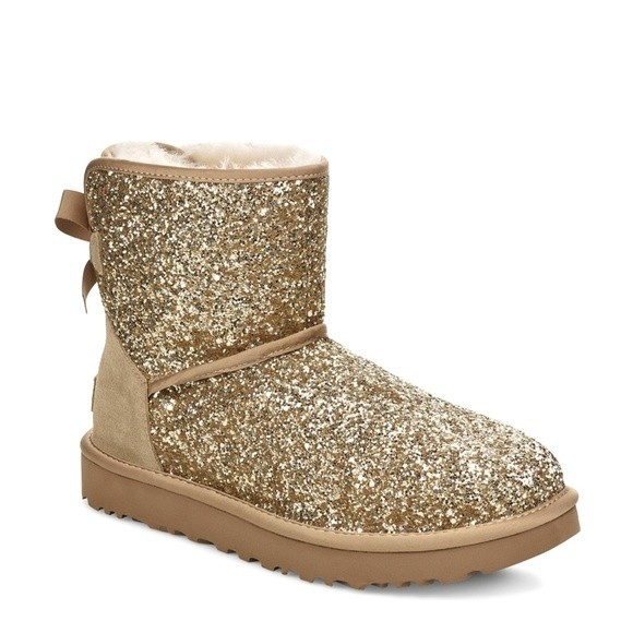 New! UGG Classic Bow Cosmos Gold Glitter Shearling Boots Ankle Boots NWOB Size 6 - Picture 2 of 14